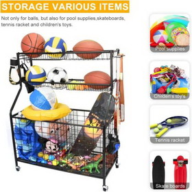 Sports Equipment Organizer, Sports Gear Basketball Storage with Baskets and Hooks,Ball Storage Rack, Garage Ball Storage, Sports Gear Storage,Rolling Sports Ball Storage Cart, Black W140165901