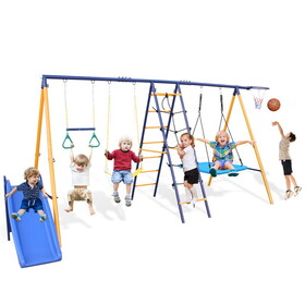 500 lbs 7 in 1 Swing Set for Kids Backyard Outdoor A-Frame Heavy-Duty Metal Swing Sets with Slide, 2 Swing Seats, 1 Climbing Net & Ladder, 1 Gym Ring, 1 Basket