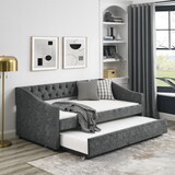 Twin Size Daybed with Twin Size Trundle Upholstered Tufted Sofa Bed, with Button on Back and Copper Nail on Waved Shape Arms, Grey (80.5