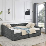 Queen Size Daybed with Drawers Upholstered Tufted Sofa Bed,, with Button on Back and Copper Nail on Waved Shape Arms, Grey (84.5