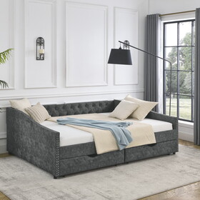 Queen Size Daybed with Drawers Upholstered Tufted Sofa Bed,, with Button on Back and Copper Nail on Waved Shape Arms, Grey (84.5"x63.5"x26.5")