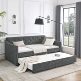 Twin Size Daybed with Twin Size Trundle Upholstered Tufted Sofa Bed, Waved Shape Arms, Grey (80.5