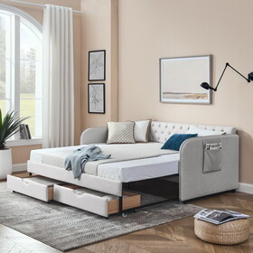 Twin Size Upholstery Daybed with Trundle Bed and Two Storage Drawers, Flat Arms with Pocket, Extendable Daybed for Bedroom Living Room,Linen Beige P-W1413S00023