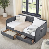 Twin Size Upholstery Daybed with Trundle Bed and Two Storage Drawers, Flat Arms with Pocket, Extendable Daybed for Bedroom Living Room,Linen Dark Gray