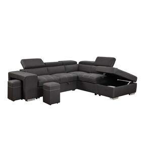 105" Sectional Sofa with Adjustable Headrest,Sleeper Sectional Pull Out Couch Bed with Storage Ottoman and 2 Stools,Charcoal Grey