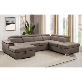 128"Sofa U Shaped Sectional Couch with Ottomans Reversible Modular Sofa 7 Seater Couch with Storage Seat,Living Room Furniture Sofa Sets with Adjustable Headrest, Brown W1417S00018