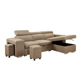 105 inch Reversible Sectional Sofa with Storage Chaise and 2 Stools, with Adjustable Headrest, Sleeper Contemporary Corner Sectional with Pull-Out Sleeper and Chaise,Light Brown