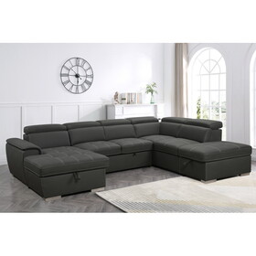 128"Sofa U Shaped Sectional Couch with Ottomans Reversible Modular Sofa 7 Seater Couch with Storage Seat, Living Room Furniture Sofa Sets with Adjustable Headrest, Grey W1417S00018