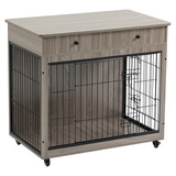 Dog Crate Furniture, Wooden Dog House, Decorative Dog Kennel with Drawer, Indoor Pet Crate End Table for Small Dog, Steel-Tube Dog Cage, Chew-Proof, Grey 31.7