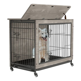 Dog Crate Furniture, 38" Heavy Duty Wooden Dog Kennel with Double Doors & Flip-Top for Large Dogs, Furniture Style Dog Crate End Table with Wheels, Grey 38.3"L x 23.4"W x 32"H W1422109451