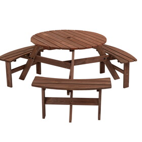 6-Person Circular Outdoor Wooden Picnic Table for Patio, Backyard, Garden, DIY w/ 3 Built-in Benches, 1720lb Capacity - Brown