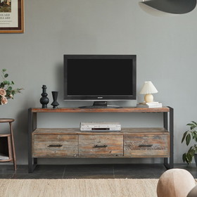60 inch Reclaimed Wood Media TV Console Table with 3 Drarwer, Open Shelf, Antique Finish W142562412