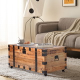 Trunk Table with four wheel Large capacity storage Coffee table, NaturalReclaimed Wood /Black Metal W142562425