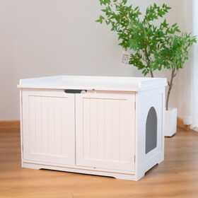 Cat Litter Box Enclosure, Hidden Litter Box Furniture Cabinet, Indoor Cat House Side Table, Large Pet Crate Nightstand, Kitty Litter Box Loo Washroom (White) W1431121841
