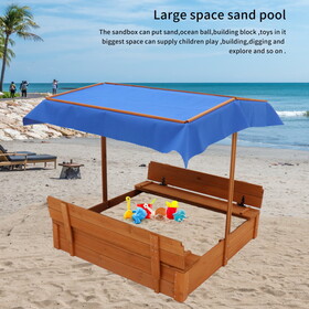 Wood Sandbox with Cover, Sand Box with 2 Bench Seats for Aged 3-8 Years Old, Sand Boxes for Backyard Garden, Sand Pit for Beach Patio Outdoor (Natural Wood)
