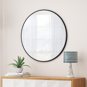 28" Wall Mounted Black Circular Mirror, for Bathroom, Living Room, Bedroom Wall Decor