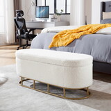 Oval Storage Bench for Living Room Bedroom End of Bed,Teddy Plush Upholstered Storage Ottoman Entryway Bench with Metal Legs,Cream W1439125924