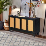 Handcrafted Premium Grain Panels,Rattan Sideboard Buffer Cabinet,Accent Storage Cabinet with 4 Rattan Doors, Storage Cupboard Console Table with Adjustable Shelves for Living Room,BLACK