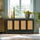 Handcrafted Premium Grain Panels,Rattan Sideboard Buffer Cabinet,Accent Storage Cabinet with 4 Rattan Doors, Storage Cupboard Console Table with Adjustable Shelves for Living Room,BLACK W1445125265