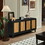 Handcrafted Premium Grain Panels,Rattan Sideboard Buffer Cabinet,Accent Storage Cabinet with 4 Rattan Doors, Storage Cupboard Console Table with Adjustable Shelves for Living Room,BLACK W1445125265