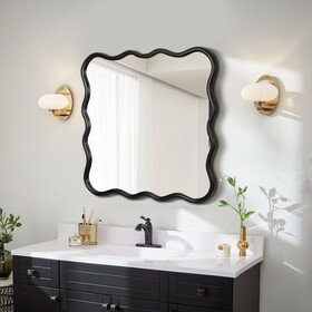 Solid Wood Wavy Square Mirror-Black 36" x 36" Modern Mirror Wall Decor for Bathroom, Bedroom, Living Room, Dining Room, Cloakroom, Entryway W1445P189617