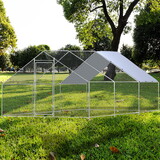 Metal Large Chicken Coop Walk-in Poultry Cage Large Chicken Run Arc Shaped Cage with Waterproof Anti-UltravioletCover, 1.00