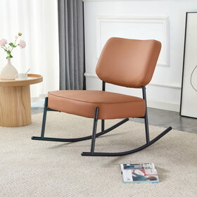 PU material cushioned rocking chair, unique rocking chair, cushioned seat, brown backrest rocking chair, black metal legs. Comfortable side chairs in the living room, bedroom, and office