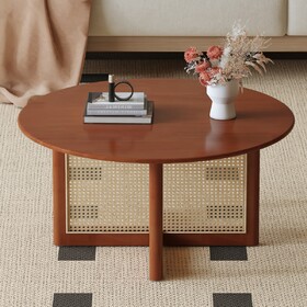 A natural and elegant deep red wooden coffee table with artificial rattan decorations, perfect for a fashionable living room and comfortable tea drinking time.W1151140563 W1512P363031