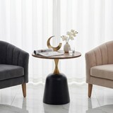 23.6 inch circular side table coffee table, metal base living room table, simple and modern walnut wood grain decoration, negotiation table, unique circular sofa headboard office desk.