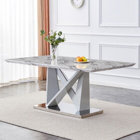Modern Grey MDF Faux Marble Dining Table with White Double V-Shaped Supports and Plating Metal Base - Spacious, Easy to Clean, Perfect for 6-8 People. F-VV