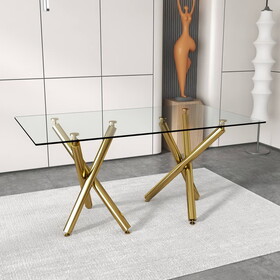Large Modern Minimalist Rectangular Glass Dining Table for 6-8 with 0.39"Tempered Glass Tabletop and Golden Chrome Metal Legs,Kitchen Dining Living Meeting Room Banquet hall, 71" x 39" x 30 1538