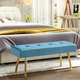 Long Bench Bedroom Bed End Stool Bed Benches Blue Tufted Velvet with Gold Legs W151664398