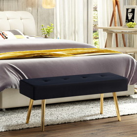 Long Bench Bedroom Bed End Stool Bed Benches Black Tufted Velvet with Gold Legs W151664408