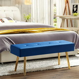 Long Bench Bedroom Bed End Stool Bed Benches Dark Blue Tufted Velvet with Gold Legs W151664410