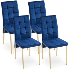 Blue Velvet High Back Nordic Dining Chair Modern Fabric Chair with Golden Color Legs, Set of 4