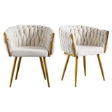 Dining Chairs Set of 2, Modern Woven Upholstered Dining Chairs with Gold Metal Legs,Luxury Tufted Dining Chairs for Living Room, Bedroom, Kitchen