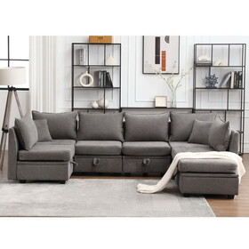 Modular Sectional Sofa, Convertible U Shaped Sofa Couch with Storage, 7 Seat Sleeper Sectional Sofa Set, Flexible Modular Combinations Fabric Couch for Living Room (Grey, 7 Seat Sofa) W1521S00036