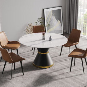 53.15"Artificial Stone Round Black Carbon Steel Base Dining Table-Can Accommodate 6 People