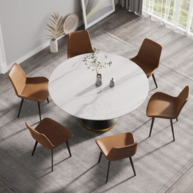 59.05"Artificial Stone Round Black Carbon Steel Base Dining Table-Can Accommodate 6 People