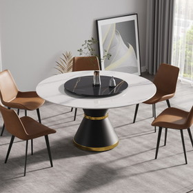 59.05"Artificial Stone Round Black Carbon Steel Base Dining Table-Can Accommodate 6 People-31.5"Black Artificial Stone Turntable