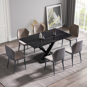63-inch modern artificial stone black straight edge black metal X-leg dining table -6 people