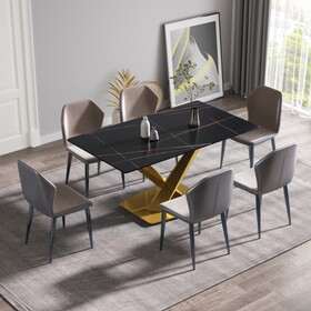 63-inch modern artificial stone black straight edge golden metal X-leg dining table -6 people W1535S00189