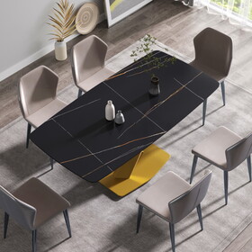 70.87"Modern artificial stone black curved golden metal leg dining table-can accommodate 6-8 people