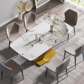 70.87"Modern artificial stone Pandora white curved golden metal leg dining table-can accommodate 6-8 people
