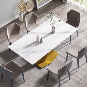 70.87" modern artificial stone white straight edge golden metal leg dining table-can accommodate 6-8 people