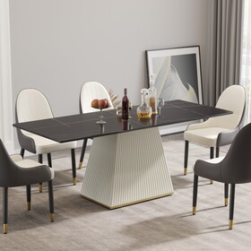 78.74" modern artificial stone black straight side panel-beige PU plywood table legs-can accommodate 8 people. W1535S00258