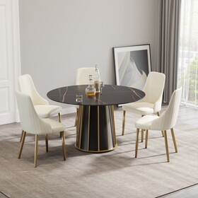 53.15"modern artificial stone round black metal iron base dining table-can accommodate 6 people.(Not including chairs.)
