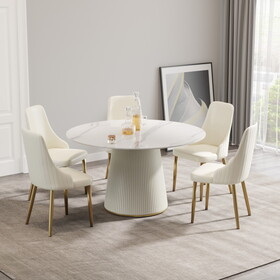 53.15 "white artificial stone round beige plywood PU base dining table-can accommodate 6 people. (Not including chairs. ) W1535S00264