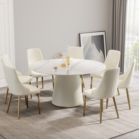59.05 "white artificial stone round beige plywood PU base dining table-can accommodate 8 people. (Not including chairs. ) W1535S00266