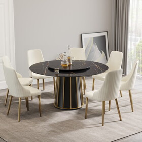 59.05"artificial stone round black metal iron base dining table-can accommodate 8 people-31.5"black artificial stone turntable(Not including chairs) W1535S00335